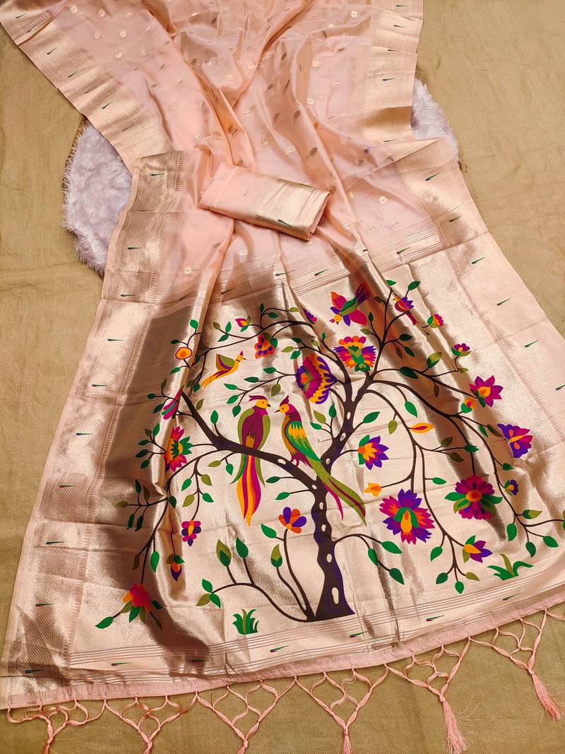 Baby pink soft organza silk blend fabric with paithani style lightweight saree with blouse