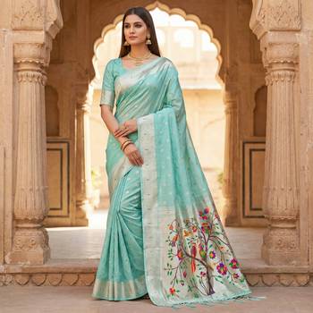 Sky blue soft organza silk blend fabric with paithani style lightweight saree with blouse 1