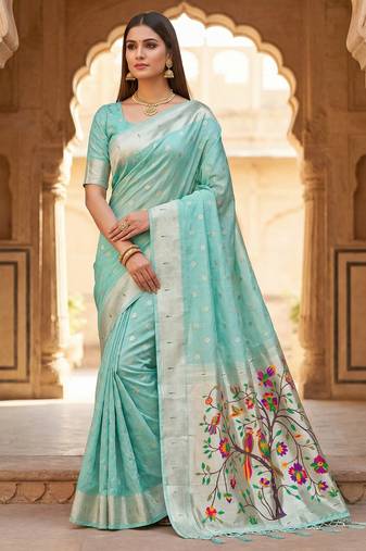 Sky blue soft organza silk blend fabric with paithani style lightweight saree with blouse