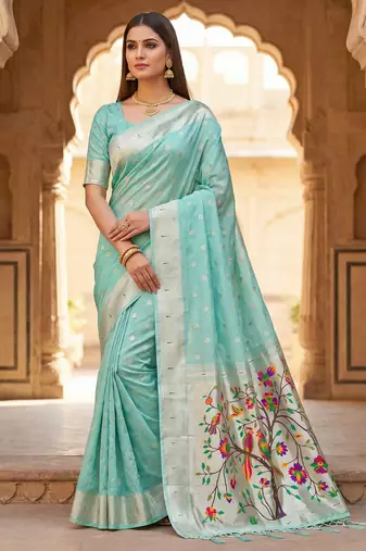 Sky blue soft organza silk blend fabric with paithani style lightweight saree with blouse