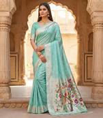Sky blue soft organza silk blend fabric with paithani style lightweight saree with blouse