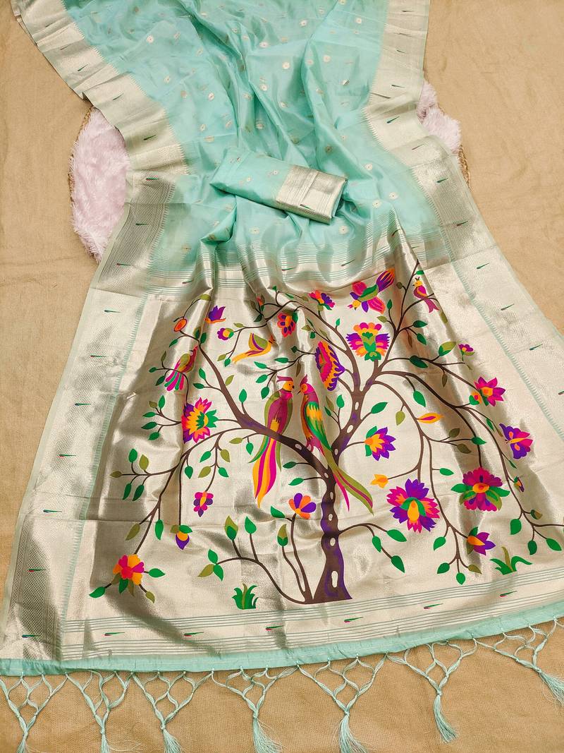 Sky blue soft organza silk blend fabric with paithani style lightweight saree with blouse