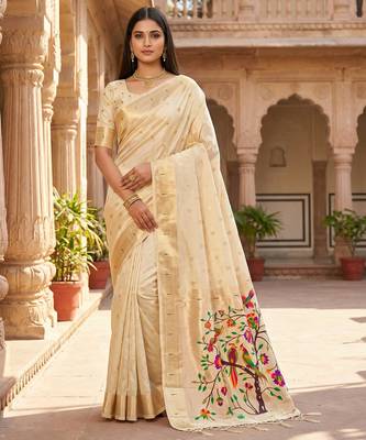 Beige soft organza silk blend fabric with paithani style lightweight saree with blouse 1