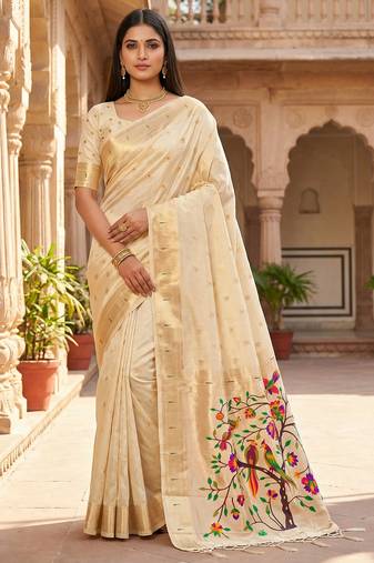 Beige soft organza silk blend fabric with paithani style lightweight saree with blouse