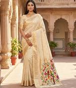 Beige soft organza silk blend fabric with paithani style lightweight saree with blouse