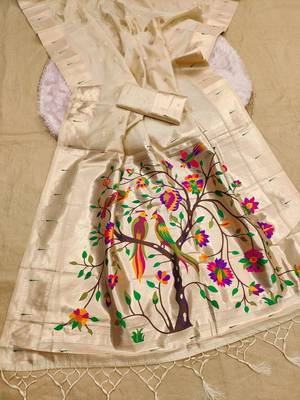 Beige soft organza silk blend fabric with paithani style lightweight saree with blouse 2