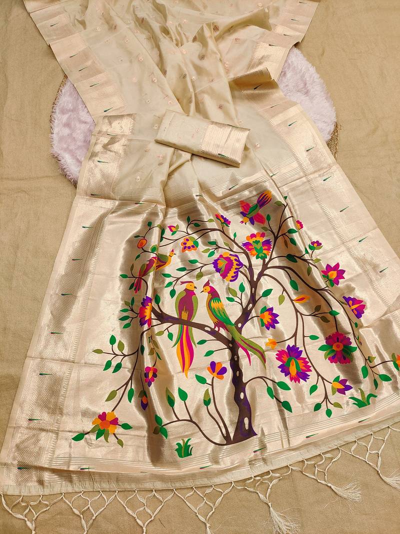 Beige soft organza silk blend fabric with paithani style lightweight saree with blouse