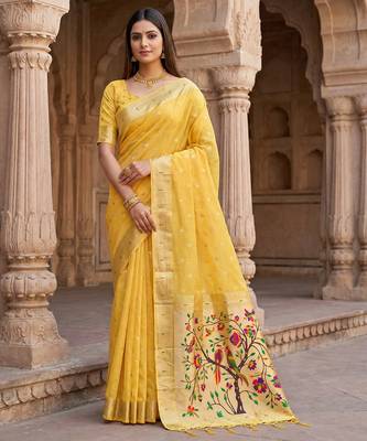 Yellow soft organza silk blend fabric with paithani style lightweight saree with blouse 1