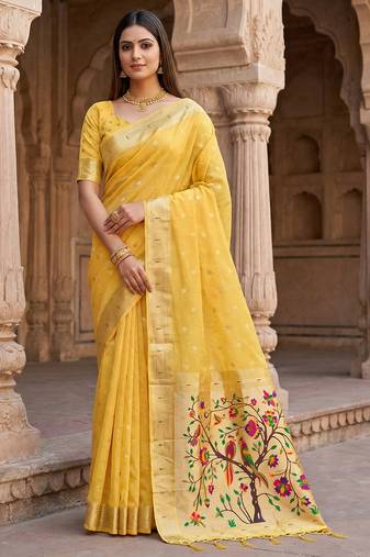 Yellow soft organza silk blend fabric with paithani style lightweight saree with blouse