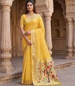 Yellow soft organza silk blend fabric with paithani style lightweight saree with blouse