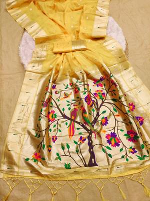 Yellow soft organza silk blend fabric with paithani style lightweight saree with blouse 2