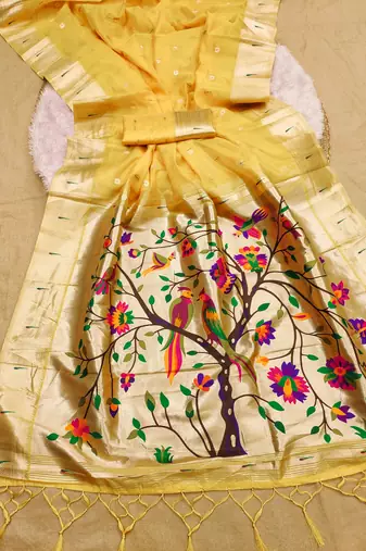 Yellow soft organza silk blend fabric with paithani style lightweight saree with blouse