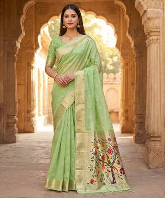 Parrot cream soft organza silk blend fabric with paithani style lightweight saree with blouse 1