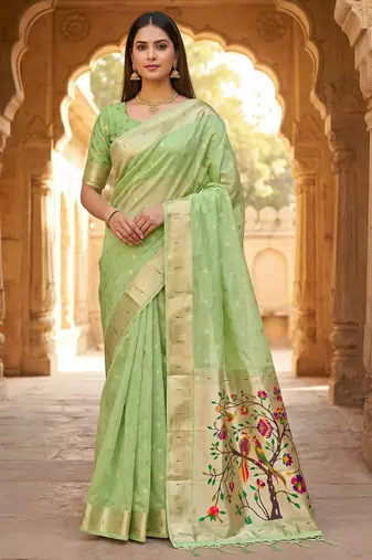 Parrot cream soft organza silk blend fabric with paithani style lightweight saree with blouse