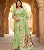 Parrot cream soft organza silk blend fabric with paithani style lightweight saree with blouse