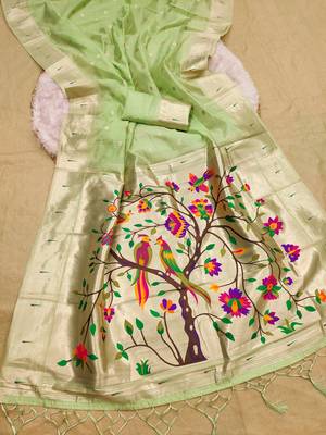 Parrot cream soft organza silk blend fabric with paithani style lightweight saree with blouse 2