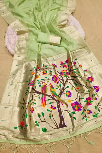 Parrot cream soft organza silk blend fabric with paithani style lightweight saree with blouse
