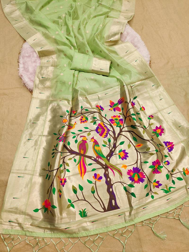 Parrot cream soft organza silk blend fabric with paithani style lightweight saree with blouse