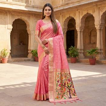 Pink soft organza silk blend fabric with paithani style lightweight saree with blouse 1