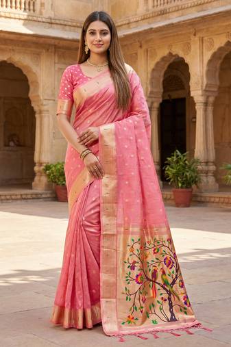 Pink soft organza silk blend fabric with paithani style lightweight saree with blouse