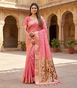 Pink soft organza silk blend fabric with paithani style lightweight saree with blouse
