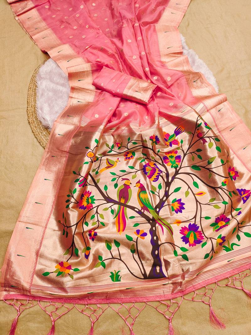 Pink soft organza silk blend fabric with paithani style lightweight saree with blouse