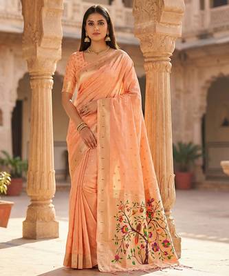 Peach soft organza silk blend fabric with paithani style lightweight saree with blouse 1