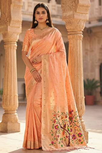 Peach soft organza silk blend fabric with paithani style lightweight saree with blouse