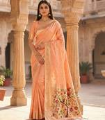 Peach soft organza silk blend fabric with paithani style lightweight saree with blouse