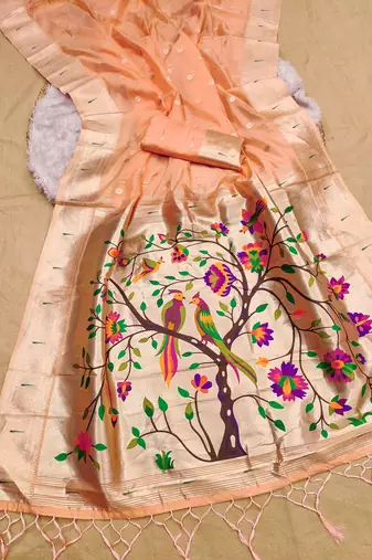 Peach soft organza silk blend fabric with paithani style lightweight saree with blouse