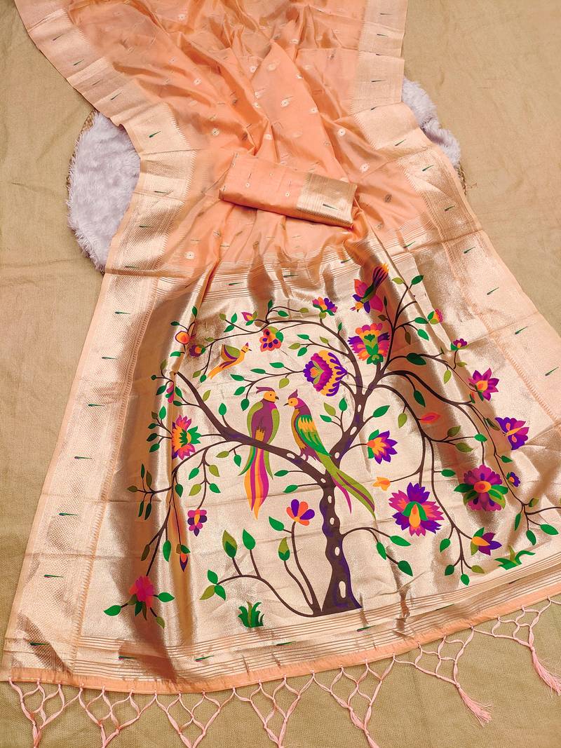 Peach soft organza silk blend fabric with paithani style lightweight saree with blouse