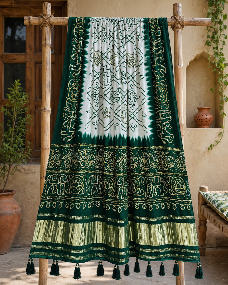 Pure gajji silk bandhani digital print dupatta with lagdi patta pallu with handwork (wedding special)