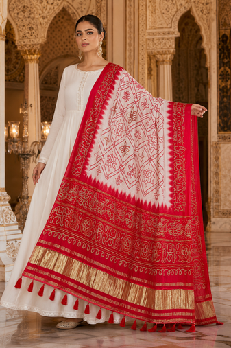 Pure gajji silk bandhani digital print dupatta with lagdi patta pallu with handwork (wedding special)