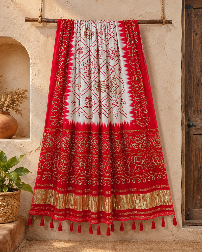 Pure gajji silk bandhani digital print dupatta with lagdi patta pallu with handwork (wedding special)
