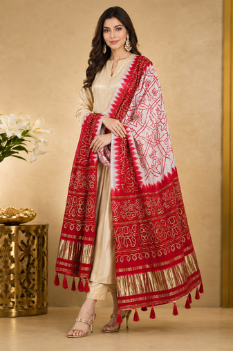 Pure gajji silk bandhani digital print dupatta with lagdi patta pallu with handwork (wedding special)