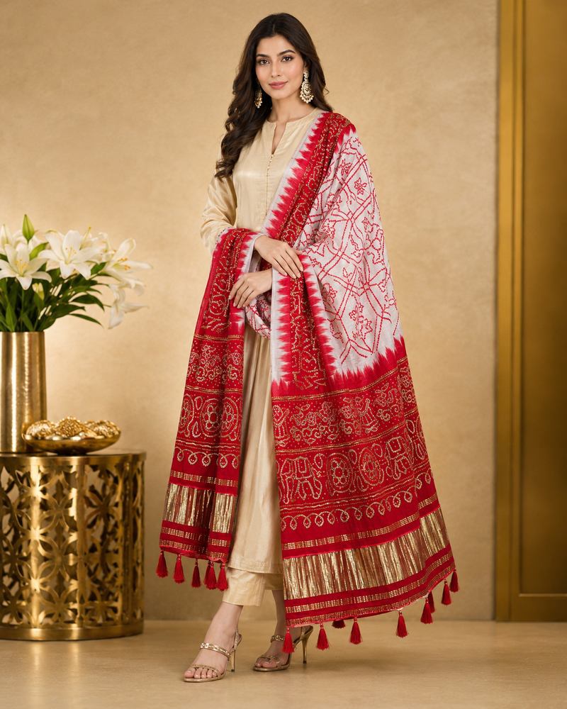 Pure gajji silk bandhani digital print dupatta with lagdi patta pallu with handwork (wedding special)