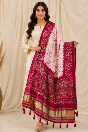 Pure gajji silk bandhani digital print dupatta with lagdi patta pallu with handwork (wedding special)