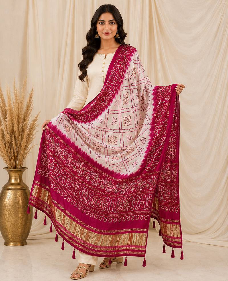 Pure gajji silk bandhani digital print dupatta with lagdi patta pallu with handwork (wedding special)