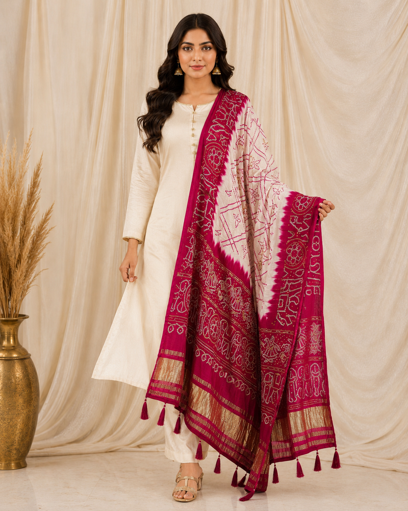 Pure gajji silk bandhani digital print dupatta with lagdi patta pallu with handwork (wedding special)