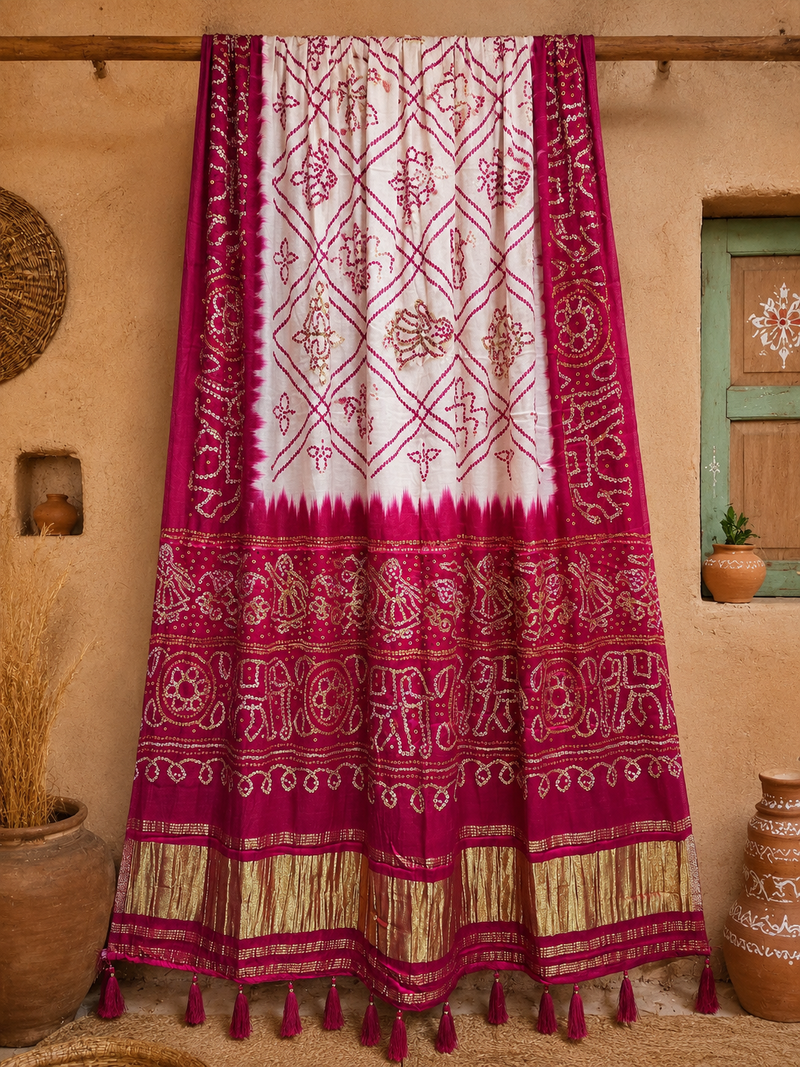 Pure gajji silk bandhani digital print dupatta with lagdi patta pallu with handwork (wedding special)