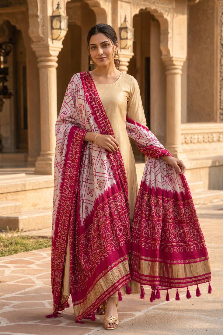 Pure gajji silk bandhani digital print dupatta with lagdi patta pallu with handwork (wedding special)