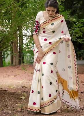 white-multi color linen cotton blend digital printed gold zari cut work border sarees 1