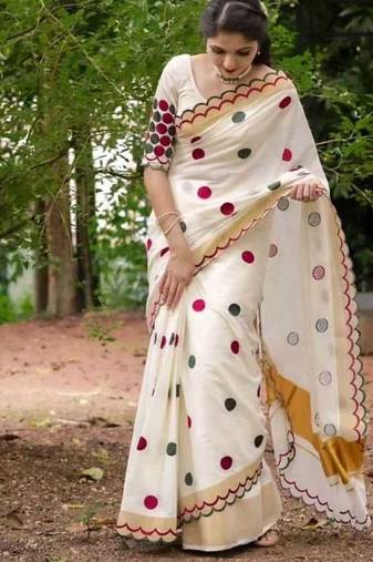 white-multi color linen cotton blend digital printed gold zari cut work border sarees