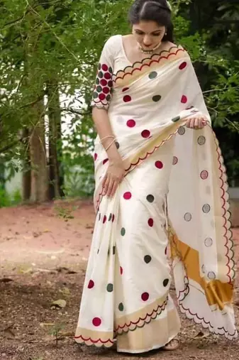 white-multi color linen cotton blend digital printed gold zari cut work border sarees