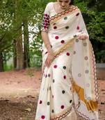 white-multi color linen cotton blend digital printed gold zari cut work border sarees