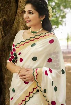 white-multi color linen cotton blend digital printed gold zari cut work border sarees 2