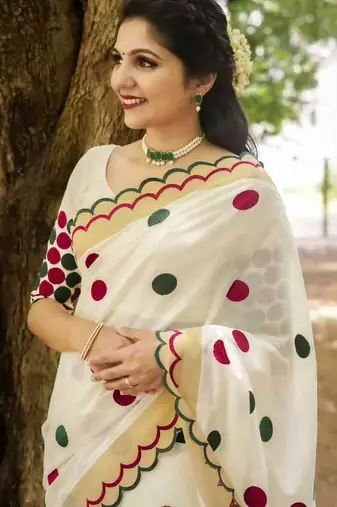 white-multi color linen cotton blend digital printed gold zari cut work border sarees