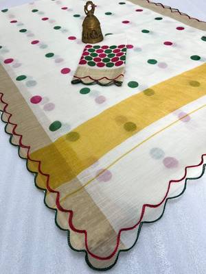 white-multi color linen cotton blend digital printed gold zari cut work border sarees 3