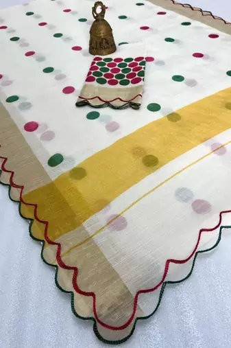 white-multi color linen cotton blend digital printed gold zari cut work border sarees