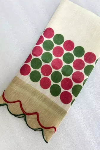 white-multi color linen cotton blend digital printed gold zari cut work border sarees